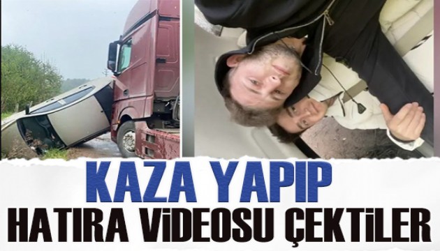 Kaza geçiren gençler yan dönen araçta video çekti!